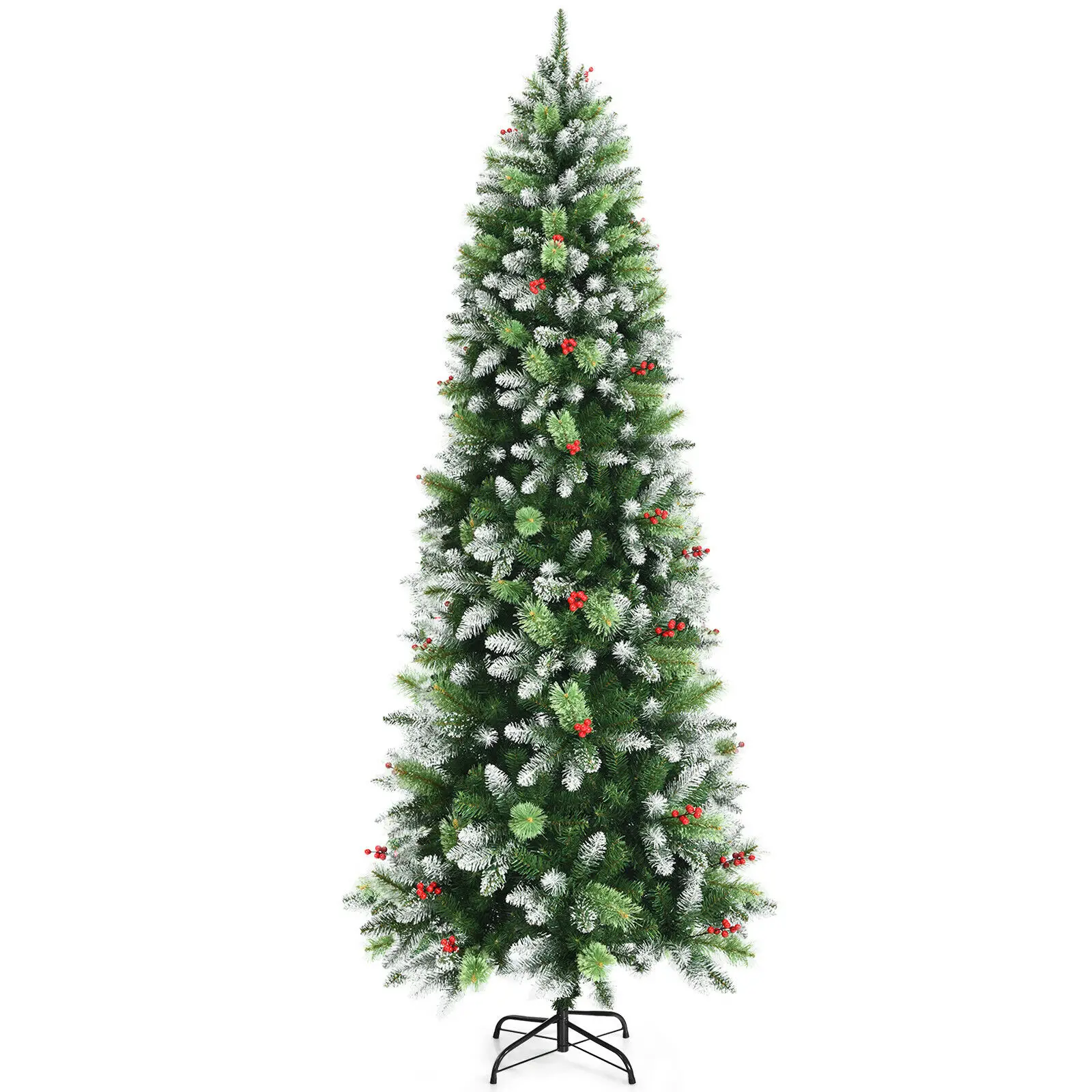 

Costway 7.5ft Unlit Snowy Hinged Artificial Pencil Christmas Tree w/ Red Berries CM23550