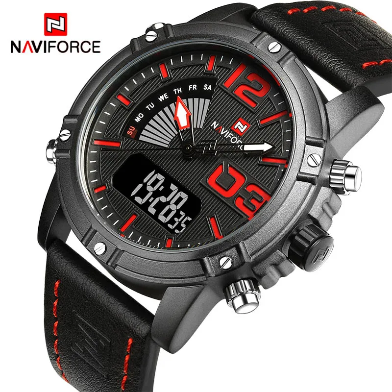 Black Red Топ люксовый бренд аналоговые светодиодные часы мужские кожаные кварцевые часы мужские армейские военные спортивные водонепроницаемые наручные часы Relogio Masculino - Цвет: Black Red