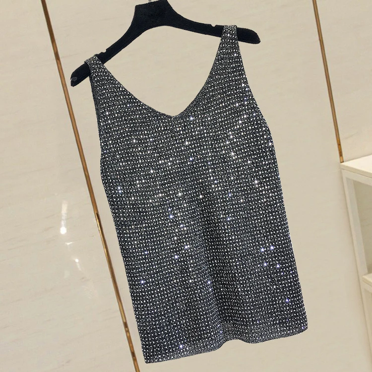 Summer New Fashion Camisole Tanks T Shirts Women Heavy Ironing Hot Drilling Knitting Tops Underwear Inner Female Base Top | Женская