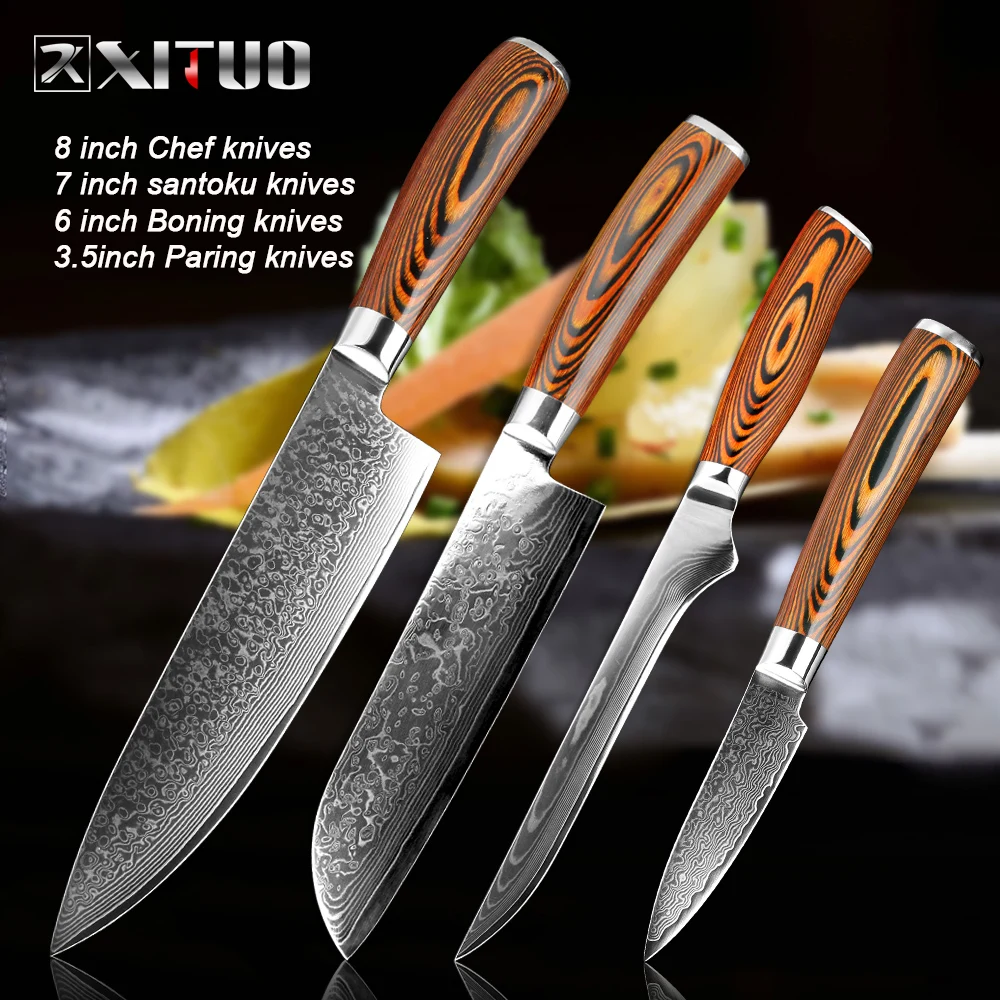 XITUO нож шеф-повара 4 шт. набор дамасской стали 67 слоев стали santoku нож для нарезки обвалки кухонный нож Pakka с деревянной ручкой - Цвет: 4 PCS