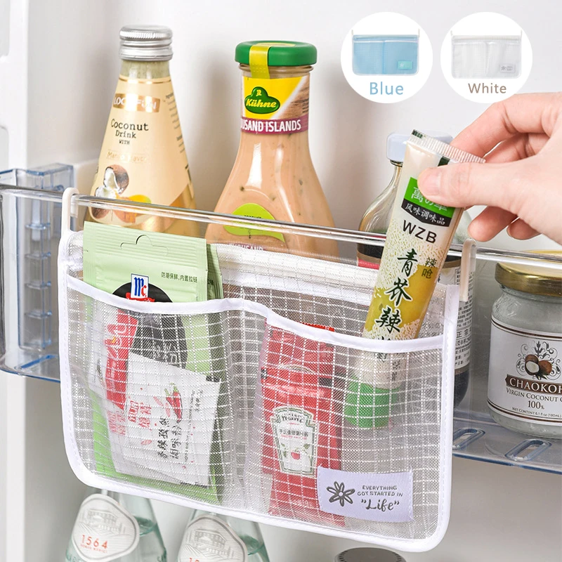 

Refrigerator Storage Hanging Mesh Bag Double Compartment Storage Bag Classification Kitchen Tidy Seasoning Organizer Hook Bag