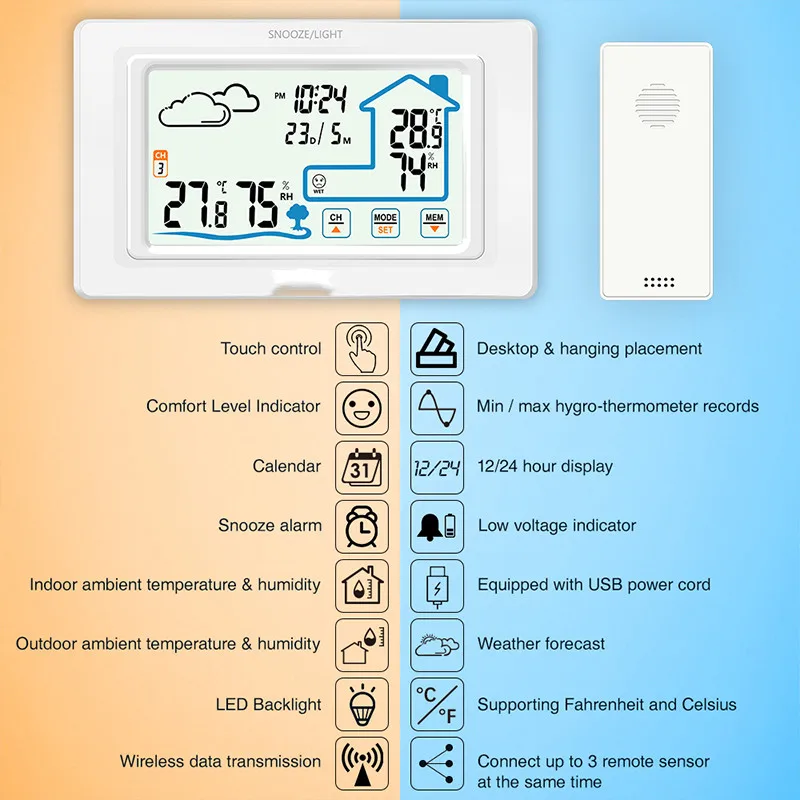 NEW Touch Indoor Outdoor Weather Station+ Outdoor Device Forecast Sensor Thermometer Hygrometer Meter Calendar