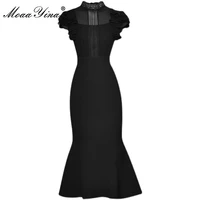 moaayina fashion designer summer black drees womens stand up collar butterfly sleeve hollow out slim mermaid party dress