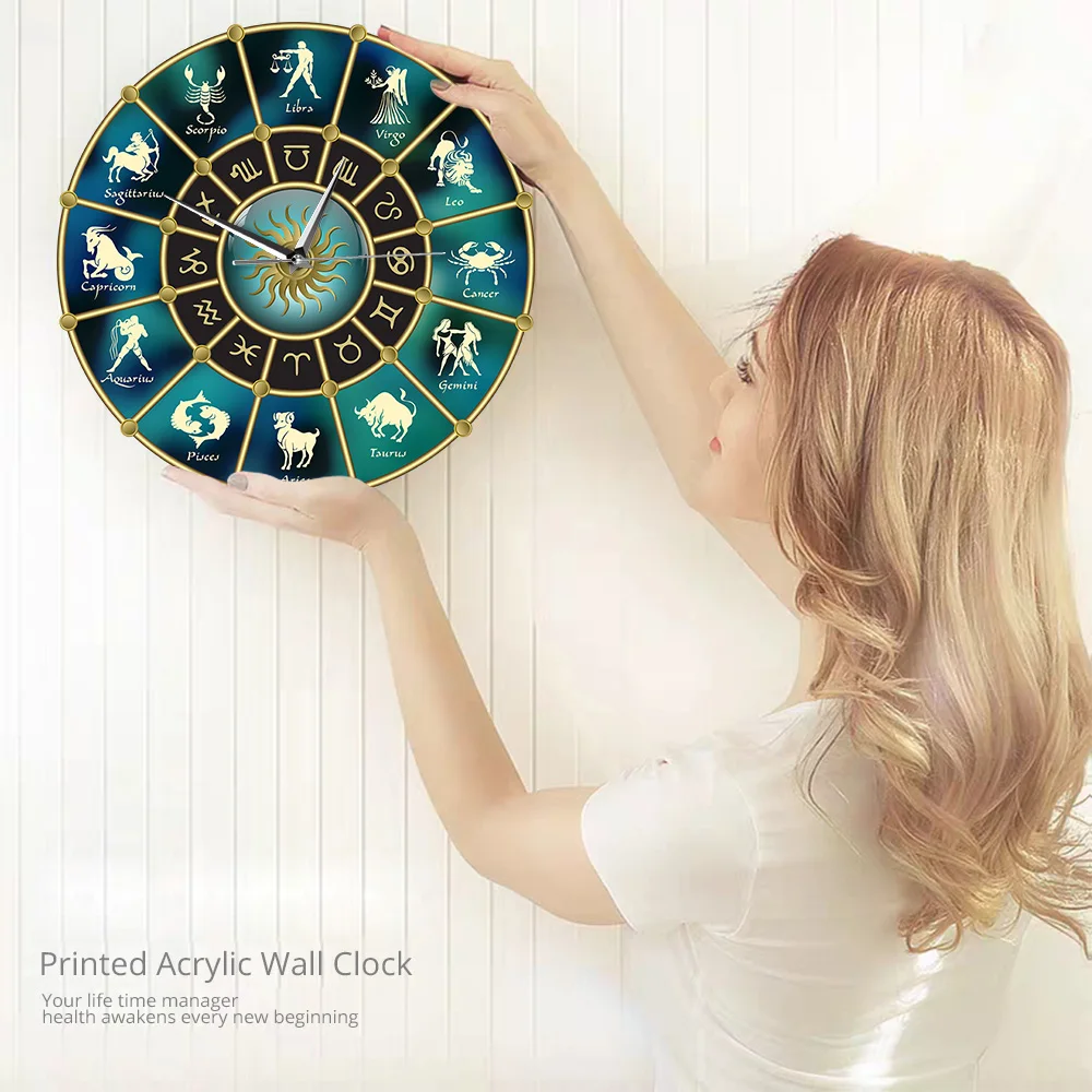 Золотые синие круглые с знаками Зодиака акриловые бесшумные настенные часы