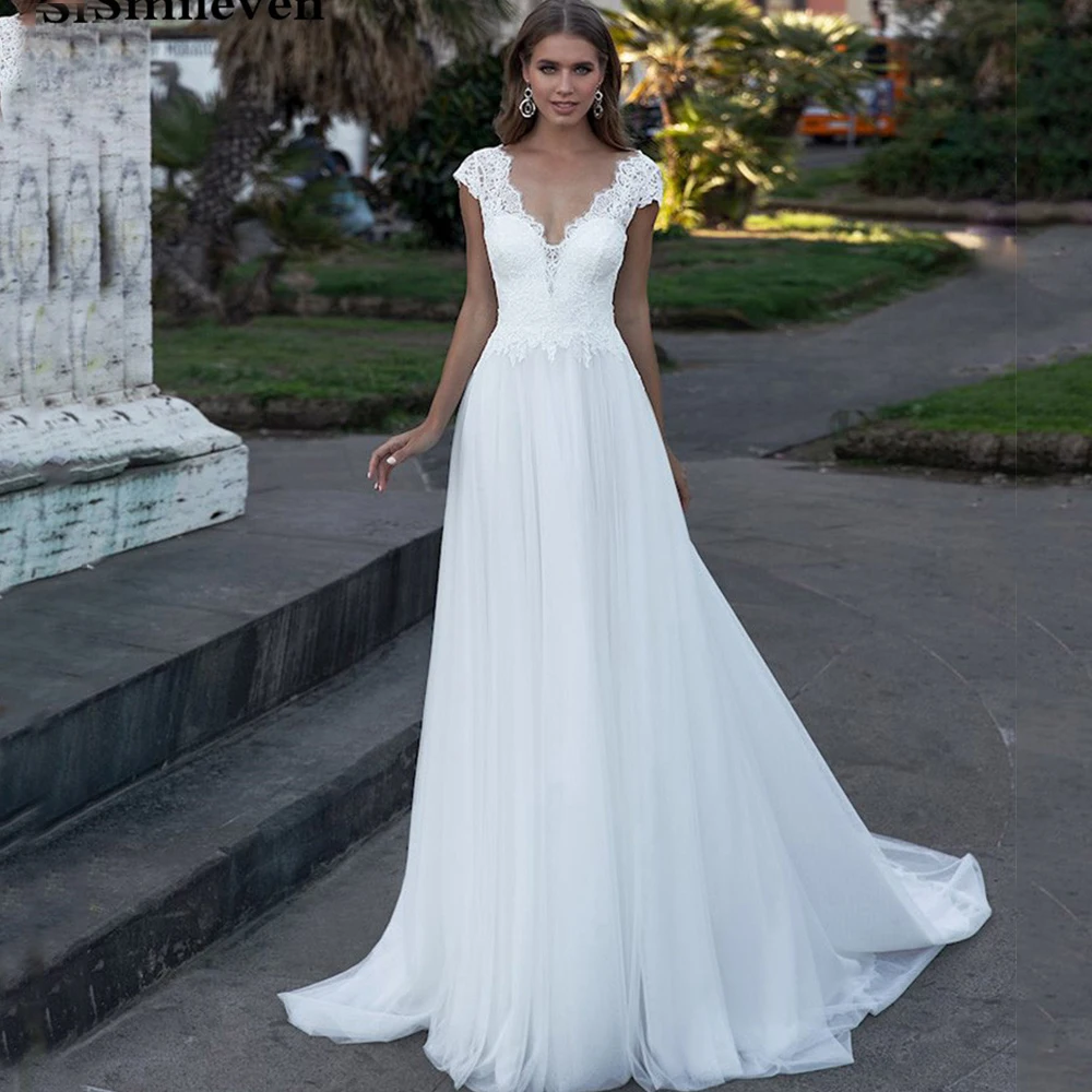 

Богемное свадебное платье 2021 года с V-образным вырезом длиной до пола шифоновые кружевные свадебные платья а-силуэта с открытой спиной
