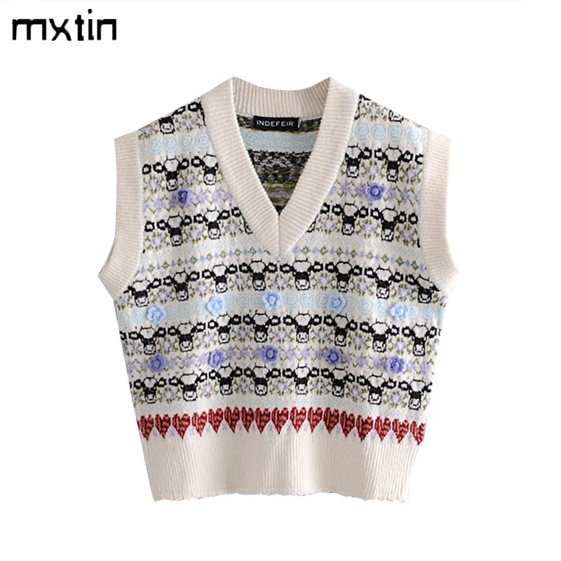 

MXTIN 2021 Women Vintage Jacquard Jumper Knitted Vest Sweater V Neck Sleeveless Waistcoat Chic Casual Pulls Femme Tops