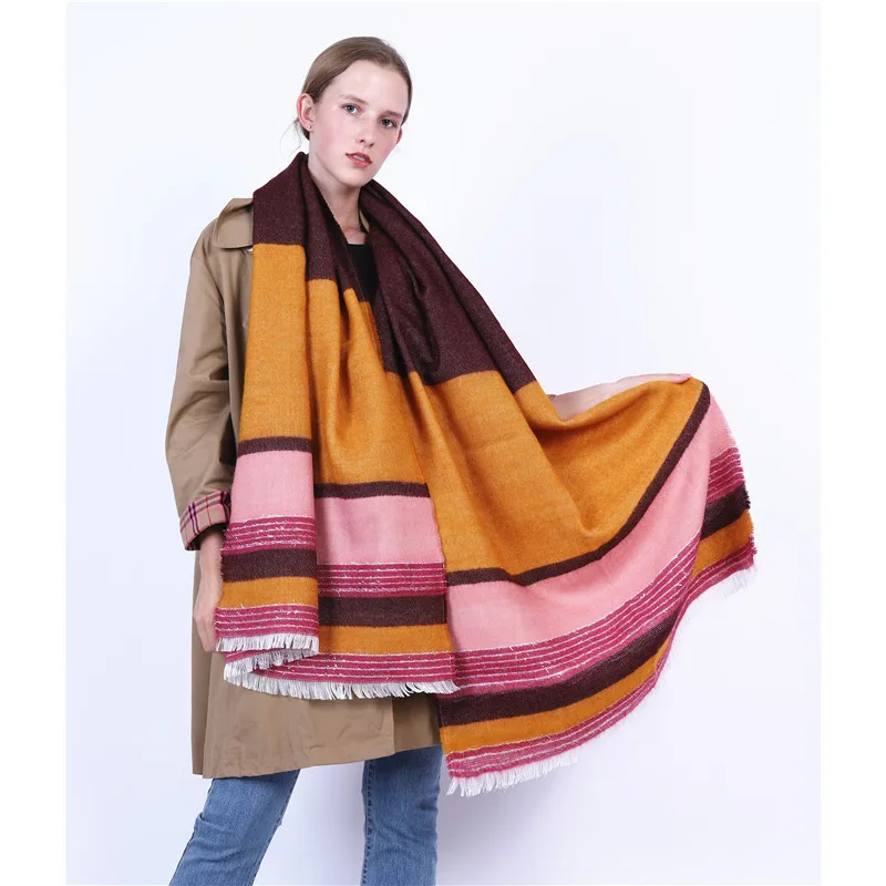 

New STR Scarf in Europe in Autumn and Winter of2019,Woman's Thickened Bright Silk Stripe Coloured Cashmere-like Warm Shawl Scarf