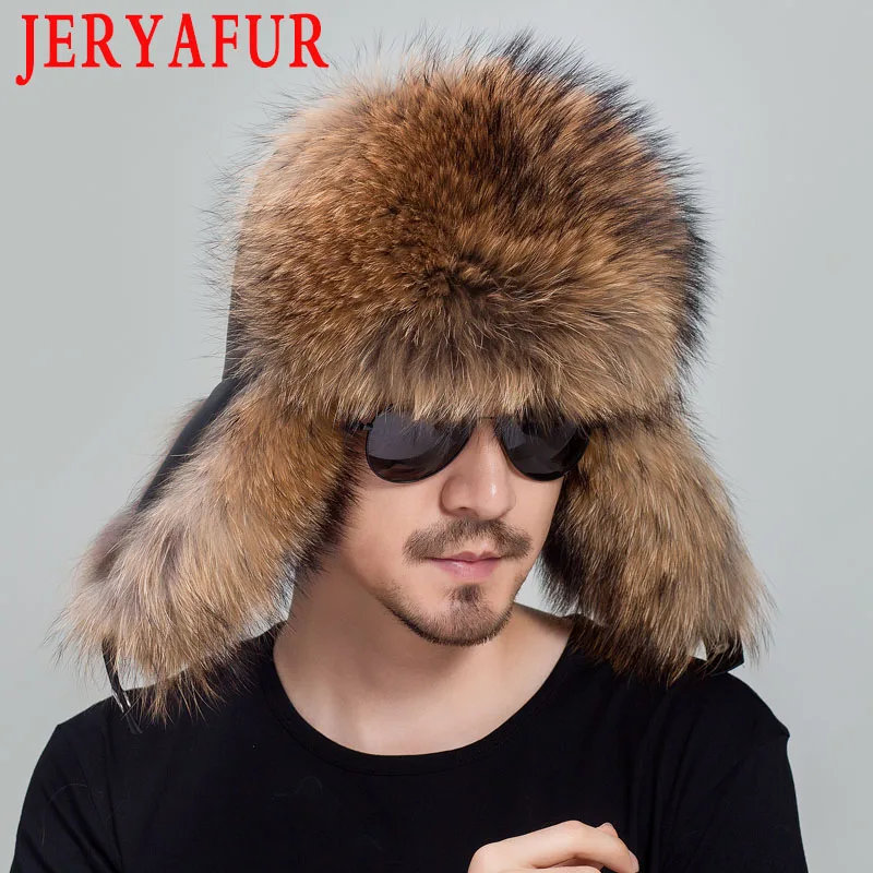 JERYAFUR русская кожаная Кожаная Шапка-бомбер мужская зимняя шапка наушники мужские