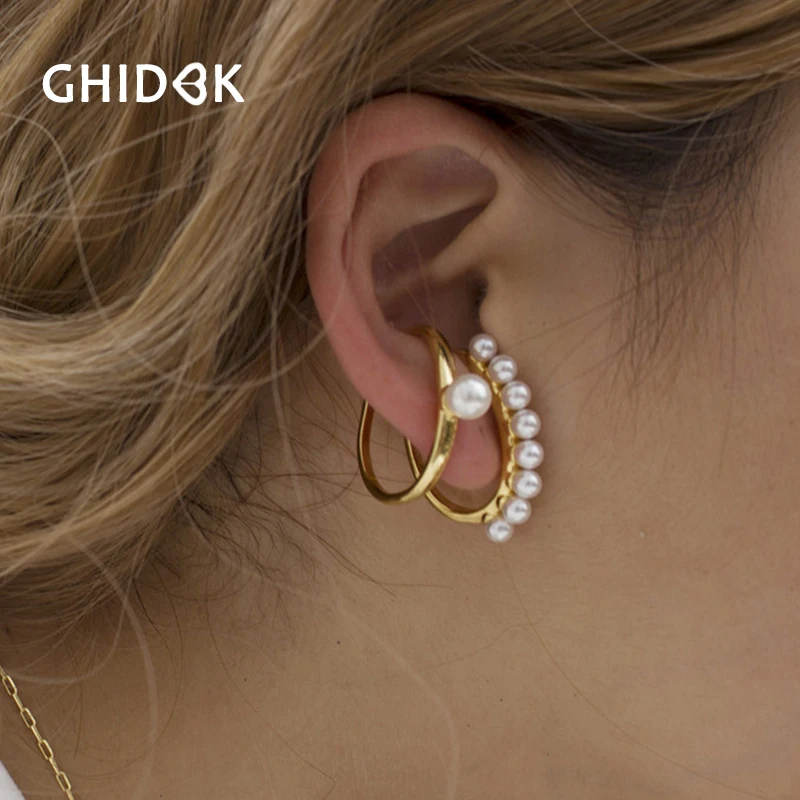 

GHIDBK New Trendy Fake Pearls Demo Cartilage Earrings Minimalist Statement Earring Clips Women Irregular Street Style Ear Cuffs