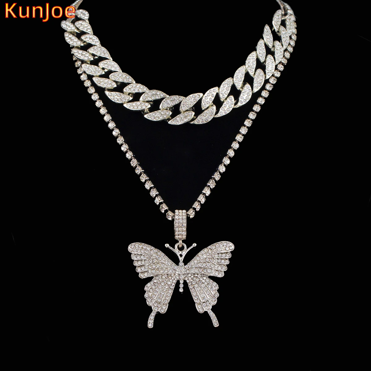 

Iced Out Butterfly Necklace Set Cuban Link Chain Choker Necklace Gifts for Women Butterfly Chains Bling Hip Hop Pendant Jewelry