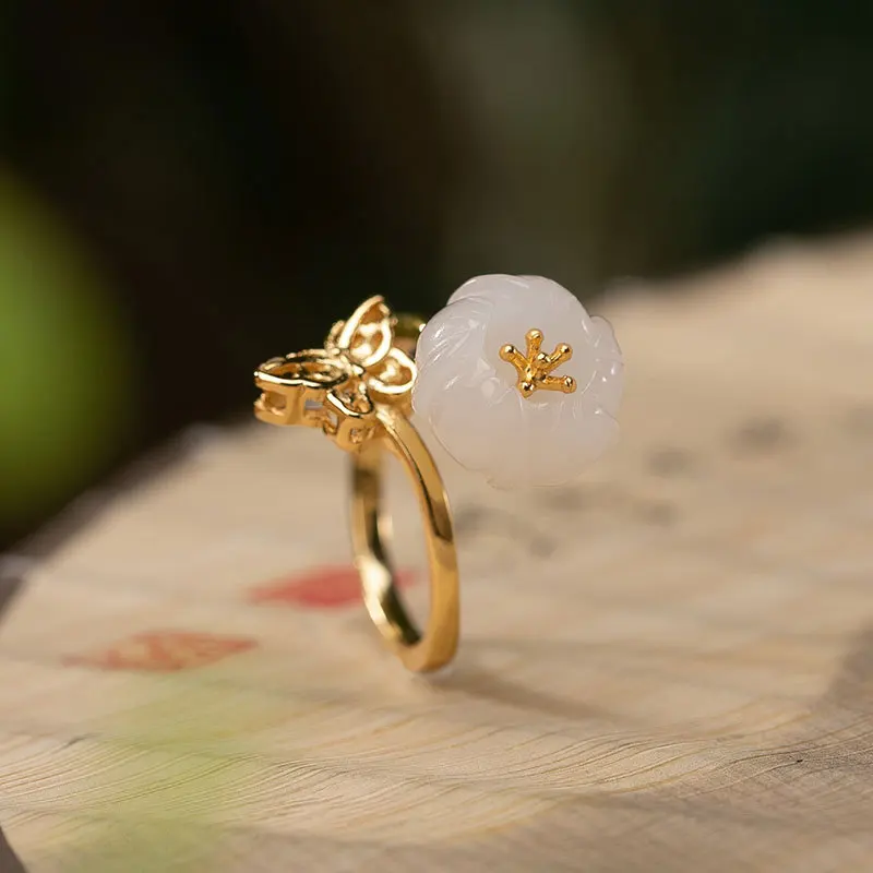

Real 925 Sterling Silver Rings Women Trendy Natural Khotan White Jade Fine Jewelry Adjustable Party Vintage Flowers Rings K0177