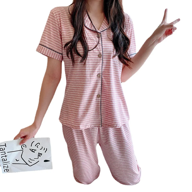 2021summer New Lapel Print Short Sleeve Pants Home Loose Casual Women's Pajama Set Lady Nightwear Female Sleepwear Sleeping Wear