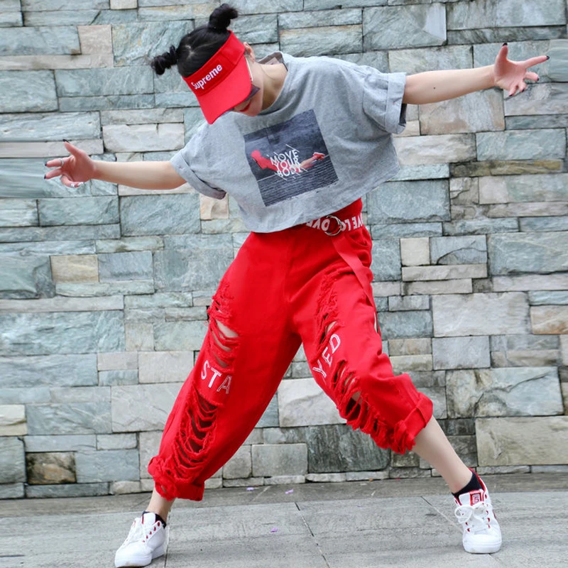 Женский костюм для уличных танцев в стиле хип-хоп красные свободные джинсы