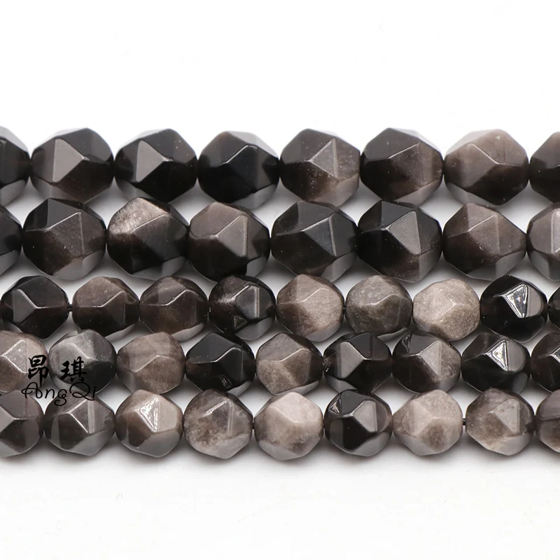 

Faceted Natural Silvery Obsidian Round Loose Beads 6 8 10mm Pick Size Diamonds Cutting Beads For Jewelry Making DIY Bracelet15''