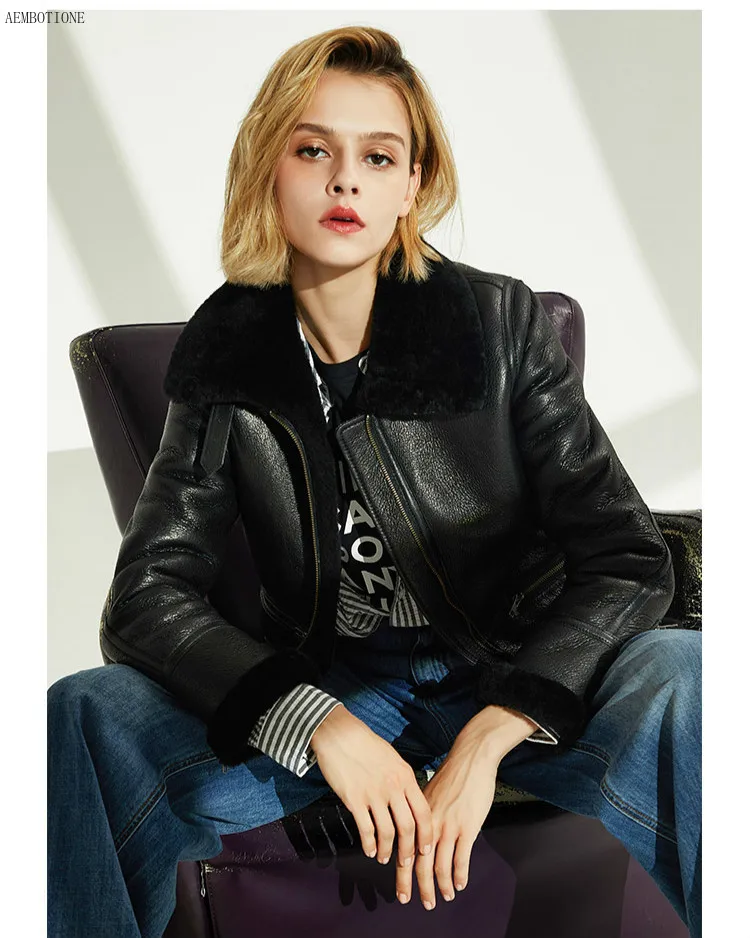 Fur One New Women Genuine Leather Jacket High Quality Shearling Coat Sheepskin Flight Women's Short Winter | Женская одежда