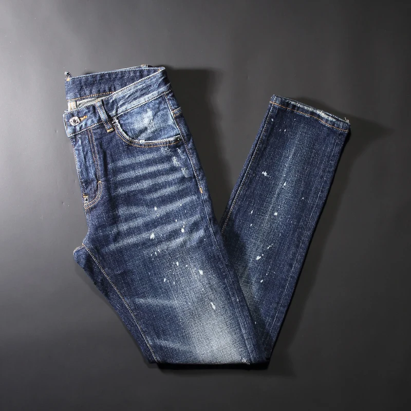 Italian Style Fashion Men Jeans High Quality Retro Blue Elastic Slim Fit Ripped Jeans Men Brand Designer Vintage Casual Pants