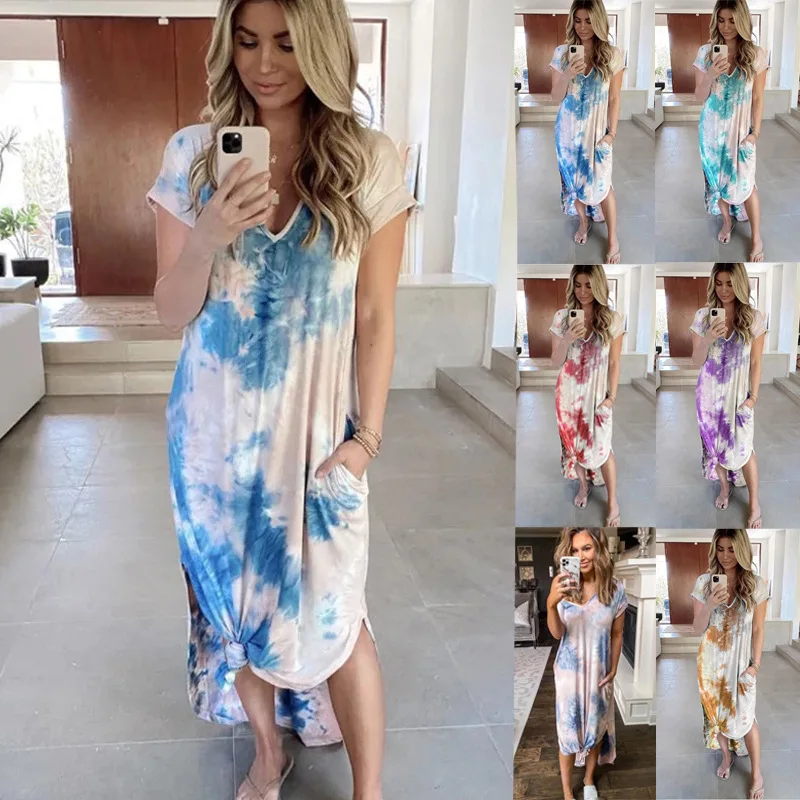 

Новинка лета и осени 2020, женское свободное цельное платье с принтом и принтом, модное Повседневное платье с карманами и разрезом для женщин, ...