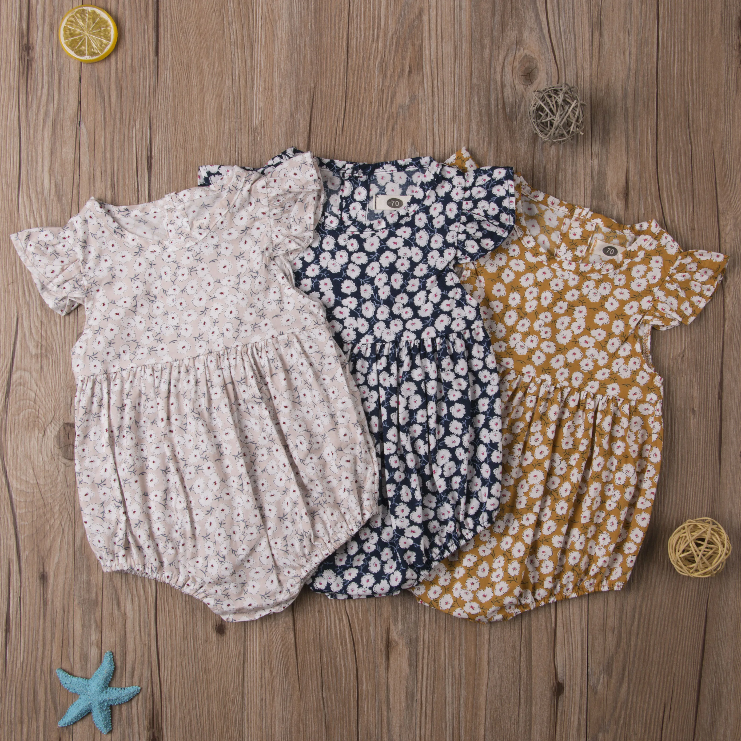 

Baby Girls Summer Bodysuit Floral Ruffle Sleeve Classical Round Back Button Outfit Button Closure Loose One-piece Jumpsuit