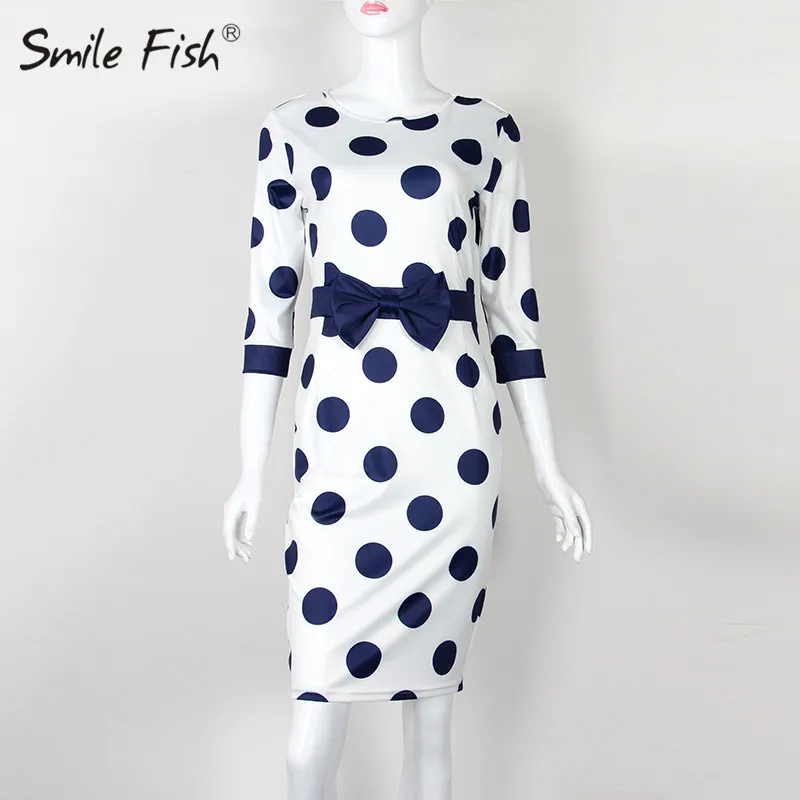 В деловом стиле с бантом Элегантное платье в горошек леди осеннее женское