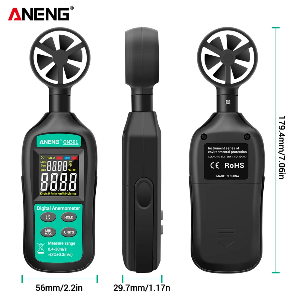 Digital Anemometer 0-30m/s Wind Speed Meter ANENG GN301 -10 ~ 45C Temperature Tester Anemometro with LCD Backlight Display | Инструменты