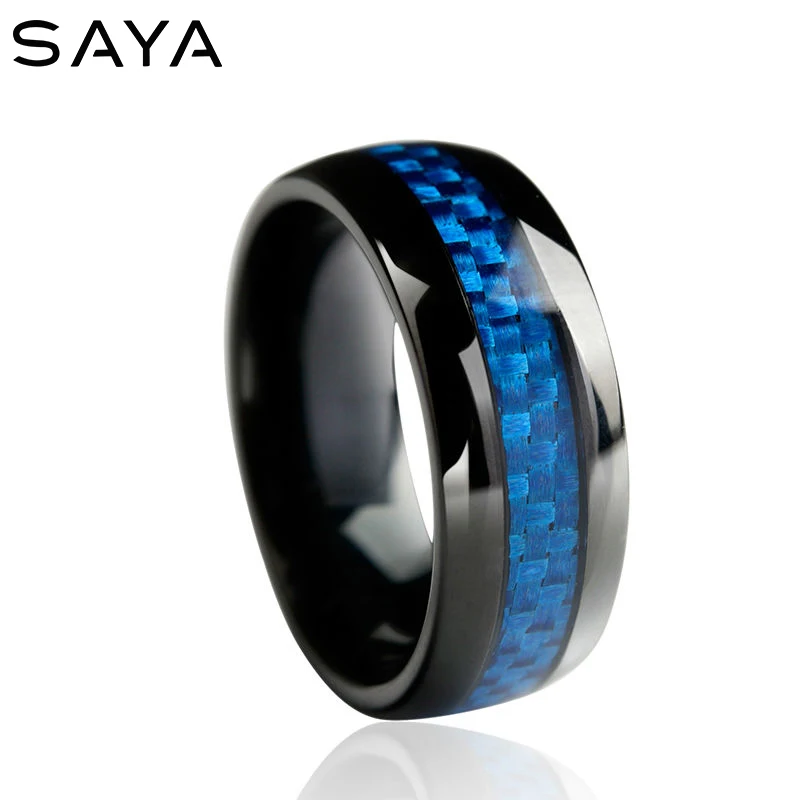Мужское обручальное кольцо из карбида вольфрама с черным покрытием голубого