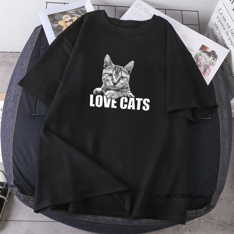 

Love Cats Print T-shirts Woman Fashion Short Sleeve Tops Tees Summer O-neck Female Oversize Casual High Quality 2021 Camisetas