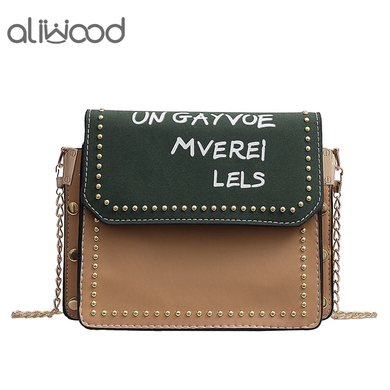 

aliwood New Arrivals Chain Women Shoulder Bags Rivet Flap Letter Messenger Bags Designer Leather Female Crossbody Bags handbags