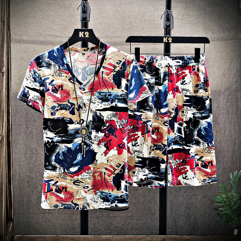 

2021 summer short sleeve ice silk casual suit men's Capris trend loose t-shirt men's quick drying shorts suit