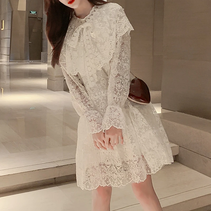 RealShe Peter Pan Collar Women Dress 2020 Flare Sleeve Lace A-Line Ladies Dresses Spring Casual Elegant Sweet Short |