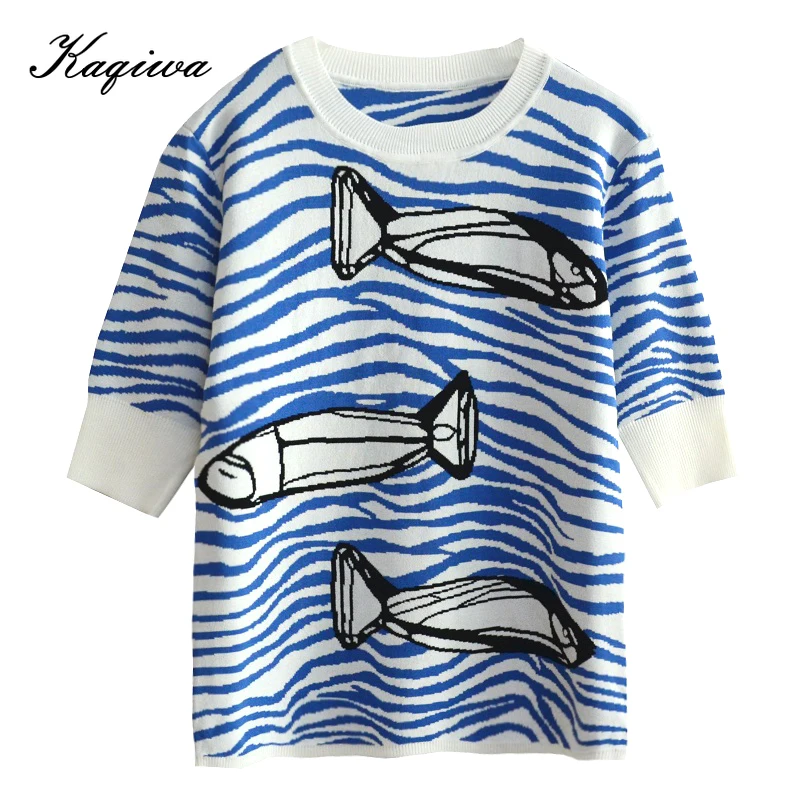 Женская футболка с круглым вырезом облегающий вязаный жаккардовый топ коротким