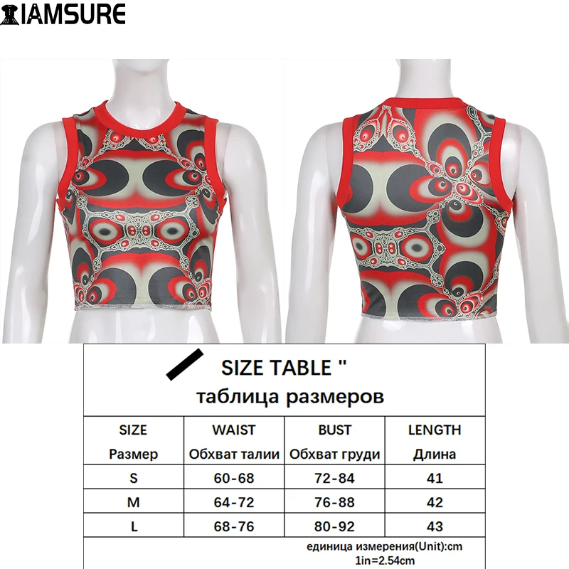 

IAMSURE Geometric Printed Tank Top Women 2021 Summer Sexy Slim Sleeveless O-Neck Crop Top Casual Basic Tanks Fashion Streetwear