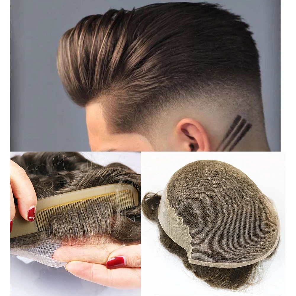 

Swiss Lace & PU Mens Toupee European Real Human Hair Replacement for Men Hairpiece