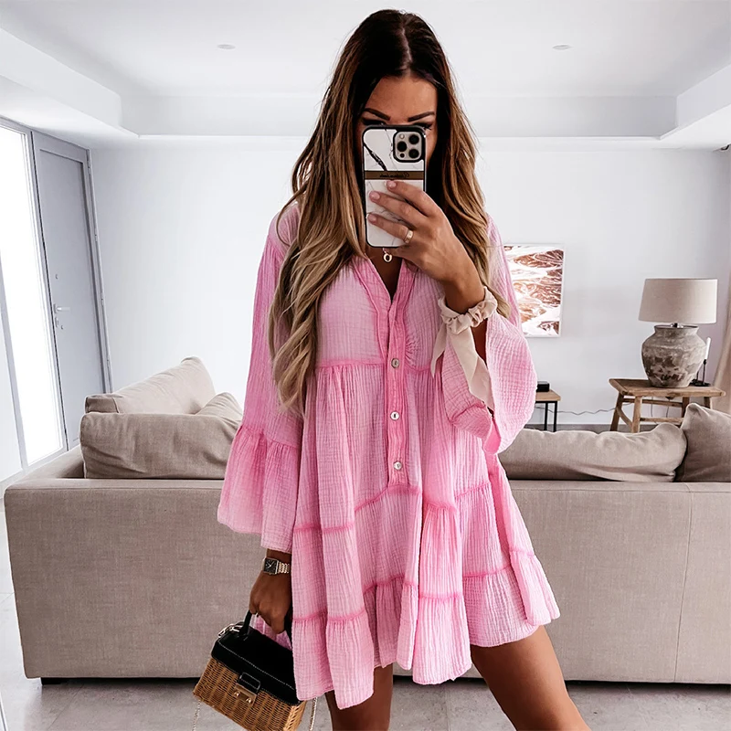 

Summer Dress Women Sexy V-neck Nine-quarter Sleeve Single-breasted Solid Color Mini Dresses Casual Holiday Dress Female