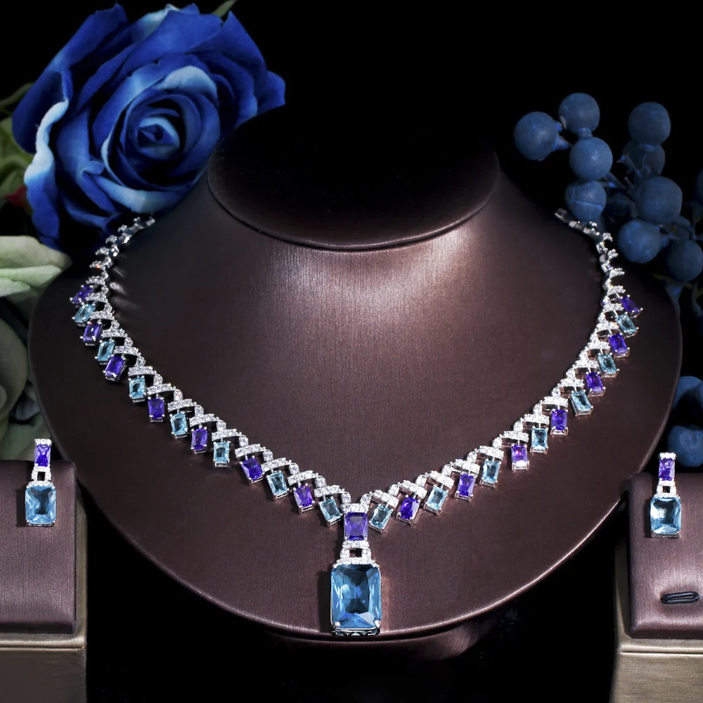 ThreeGraces Luxury Blue Purple Cubic Zirconia Stone Silver Color Big Square Drop Wedding Bridal Dress Jewelry Set for Women T671