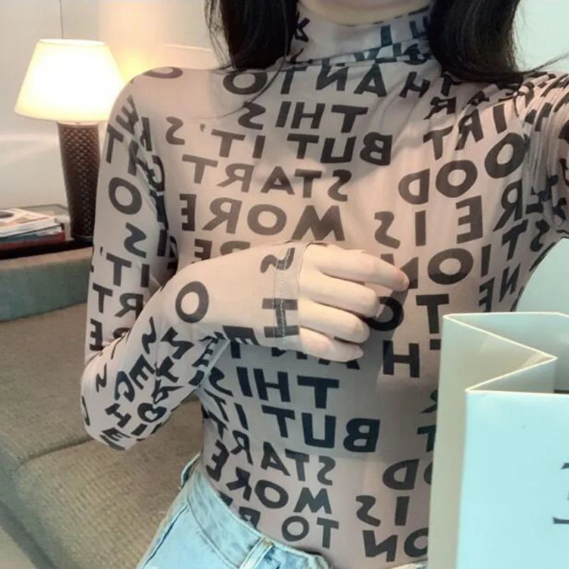 

Hot Sexy See-through Women T shirts Letters Print Long Sleeve Turtleneck Mesh Fabric Women Tops Tees Slim Fit Women T-shirt