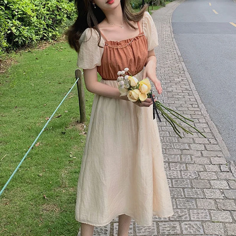 

Платье-миди женское однотонное вечерние квадратным вырезом и коротким рукавом, на лето, 2021