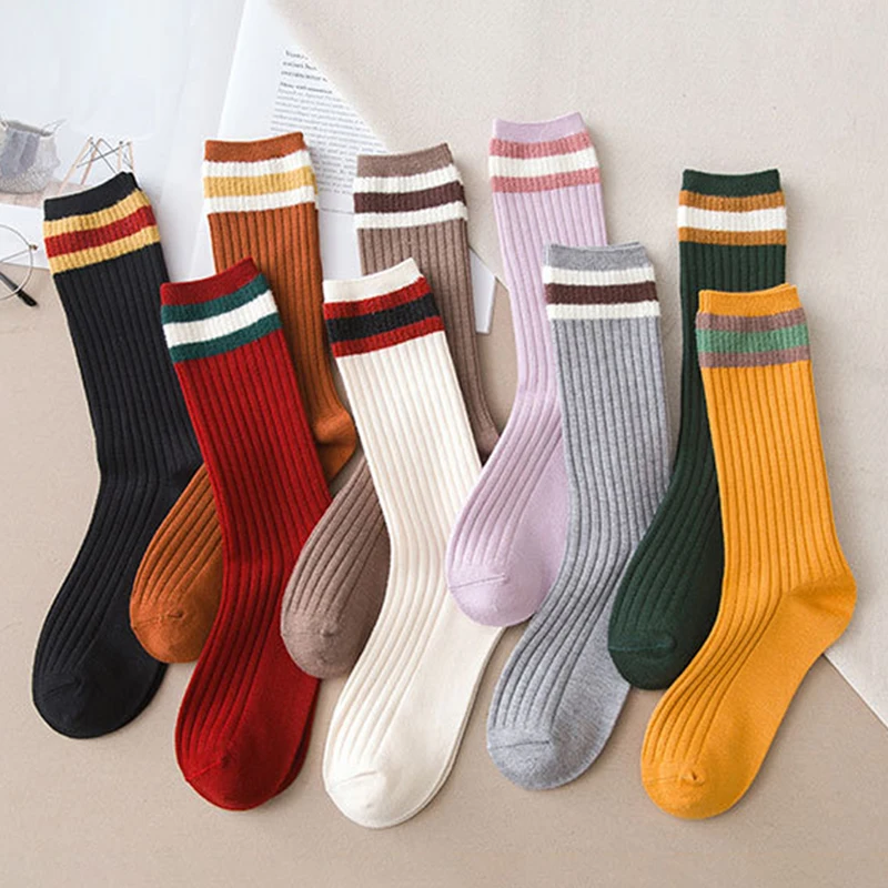 

1Pair Warm Breathable Stripe Girl Long Socks Korean Style Polyester Middle Tube Stocking for Girl Fashion Sock