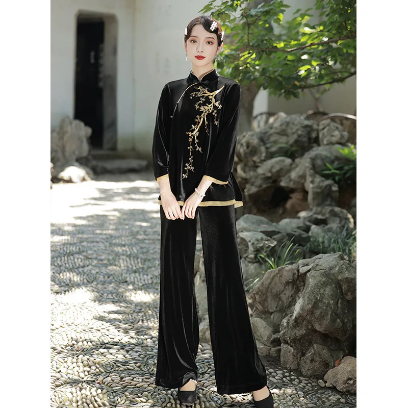 

H.RONG.X 2021AW Retro Chinese Cheongsam Embroidered Velvet 2PCS Set Vintage Traditional Women Folk Clothing Black Winter Fall