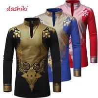 luclesam men african dashiki luxury gold printed mandarin collar shirt mens ethnic style clothing