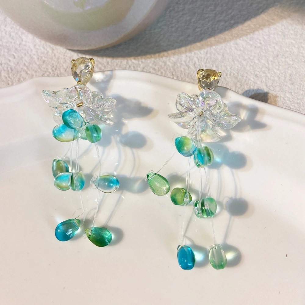 

MENGJIQIAO Korean Luxury Elegant Shiny FLower Crystal Long Drop Earrings For Women Fashion Green Waterdrop Pendientes Jewelry