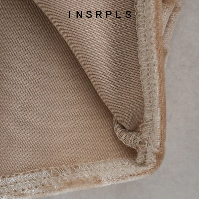 

INSRPLS Women Fashion High Neck Velvet Bodysuits Vintage Long Sleeve Snap-button Female Playsuits Chic Tops