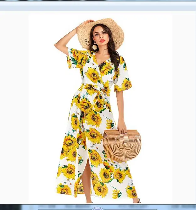 С цветочным принтом шифоновое платье темперамент повседневное пляжное v