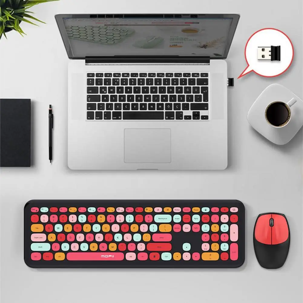 

1 Set Wireless Keyboard Plug Play Mute Multi Color Eye-catching 2.4G Desk Mouse for Office