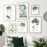 green boho monstera girl plants abstract wall art pictures canvas painting nordic monstera posters and prints living room decor