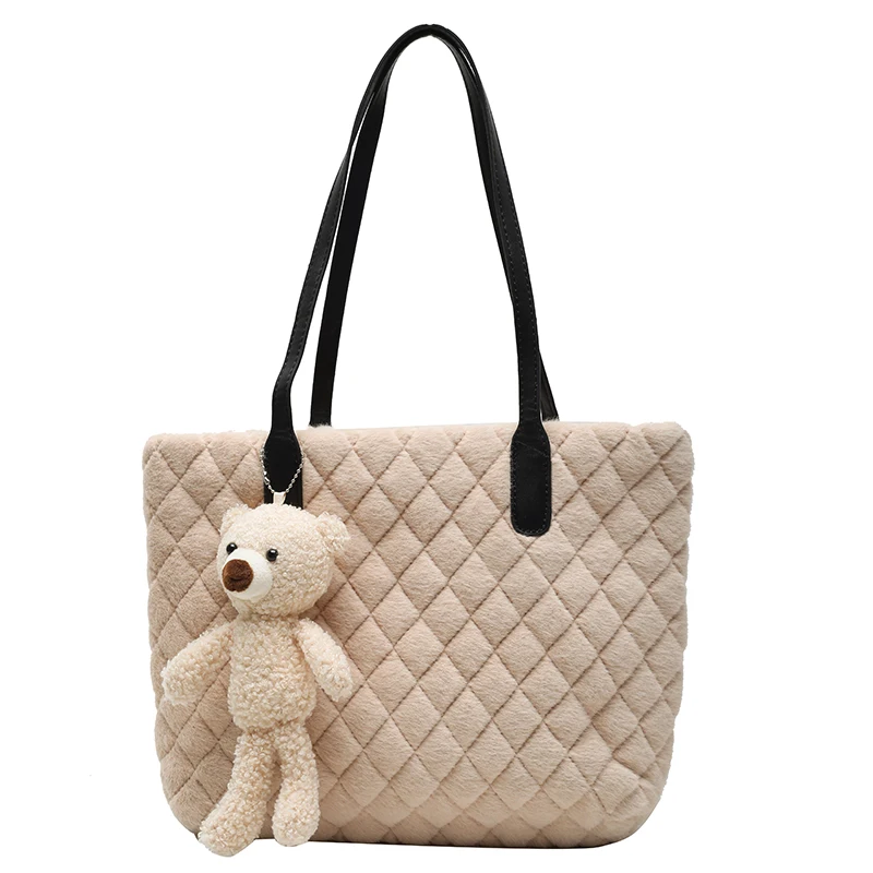 Diamond Pattern Bags For Women 2021 New Soft Fluffy Bag Furry Handbag Solid Fur Crossbody Shoulder Bag Casual Plush Tote Bag Sac