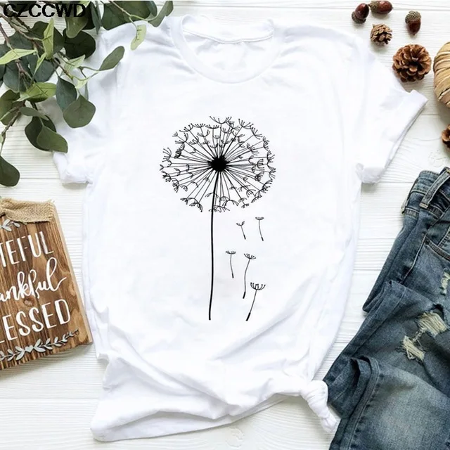 

Harajuku Women Tshirt Down Wildflower Dandelion Print Vogue Women T-shirt Casual Short Sleeve Female Tops Tee Cute Graphic Tees
