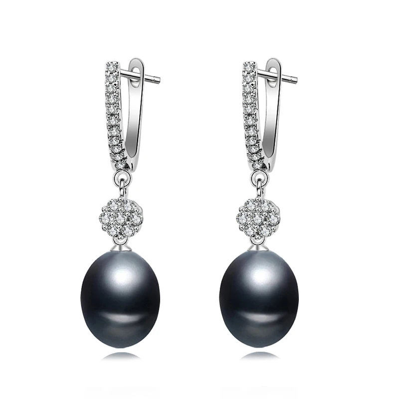black pearl earring Свадебные Висячие рождественские серьги для женщин, серьги с натуральным пресноводным жемчугом, серебряные ювелирные изделия 925, настоящие 8-9 мм жемчужины, белая коробка - Цвет камня: black pearl earring