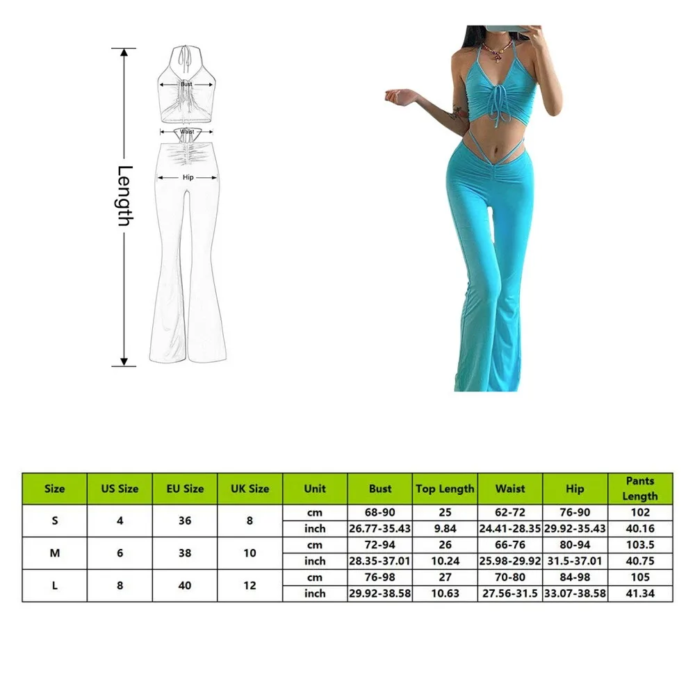 

2021 Y2K Streetwear Sexy Bandage Blue Co-ord Suits 2000s Fashion Drawstring Halter Top and High Waist Flare Pants 2 Piece Set