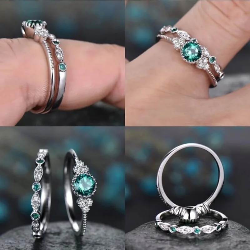 

2Pcs/Set Exquisite Silver Plated Round Gems Zircon Birthstone Bride Wedding Engagement Ring Set Women Fashion Jewelry Party Gift
