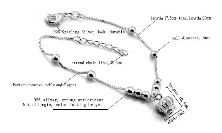 Модные с подвеской изображением короны для женщин модные 925 серебряный браслет